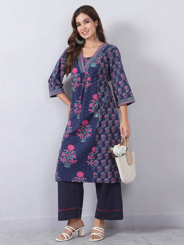 Navy Blue Embroidered Kurta Pants Set