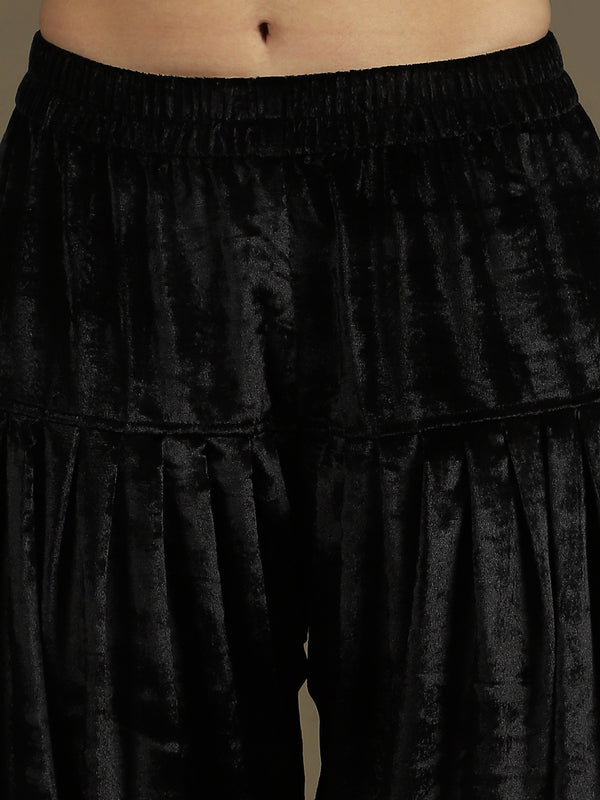 Straight Kurti & Farshi Salwaar Set with Dupatta in Black & Rust Orange