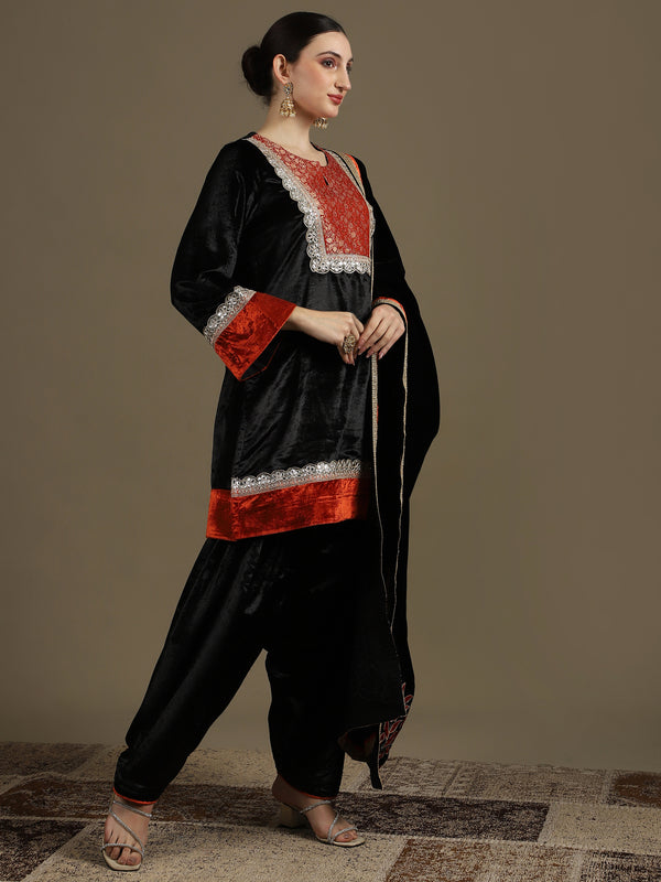 Straight Kurti & Farshi Salwaar Set with Dupatta in Black & Rust Orange