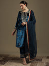 Straight Fit Teal Blue Velvet Kurti Set with Organza Dupatta