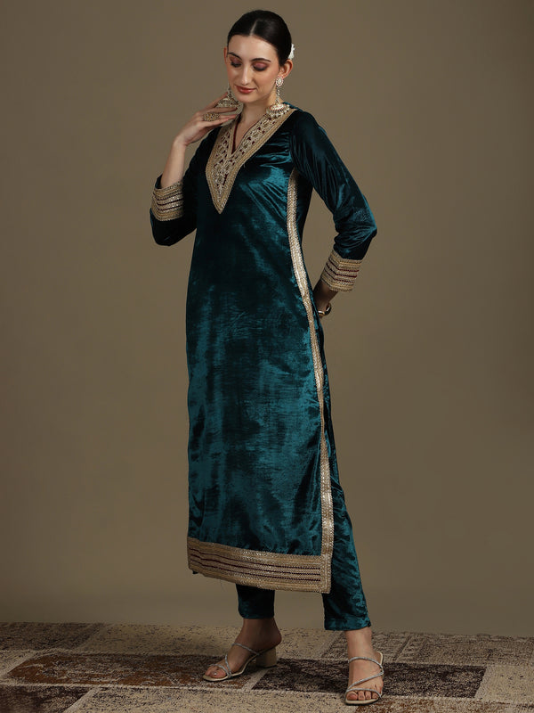 Long Straight Rama Green Velvet Kurti Set (Kaftan Fit)
