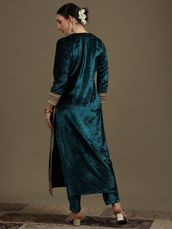 Long Straight Rama Green Velvet Kurti Set (Kaftan Fit)