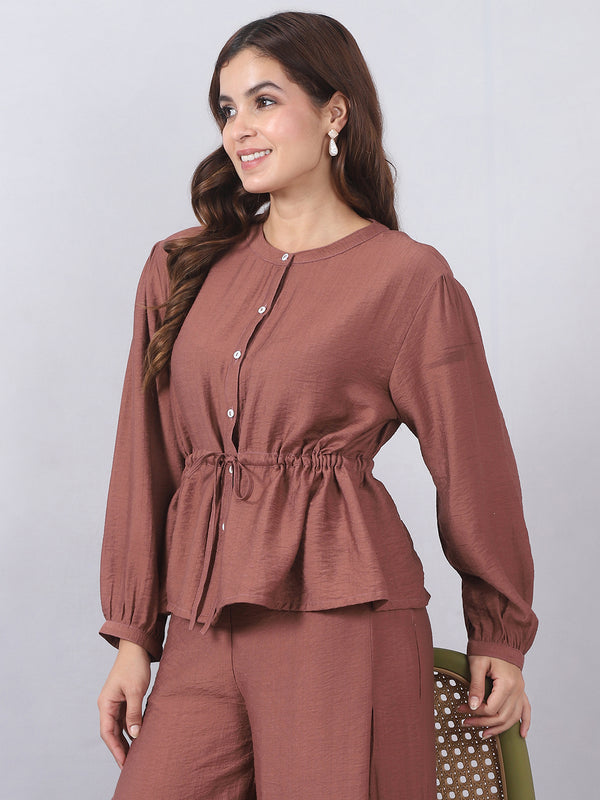Brown Cord Set with String Detail and Side Slits