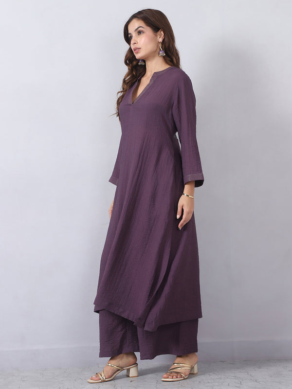 Purple Cord Set with Zari Detail on Neck and Sleeves