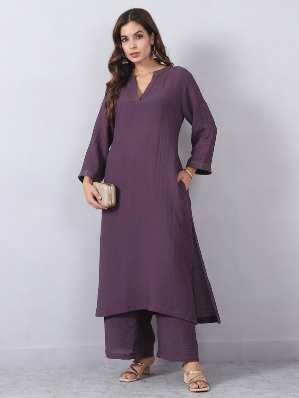 Purple Cord Set with Zari Detail on Neck and Sleeves