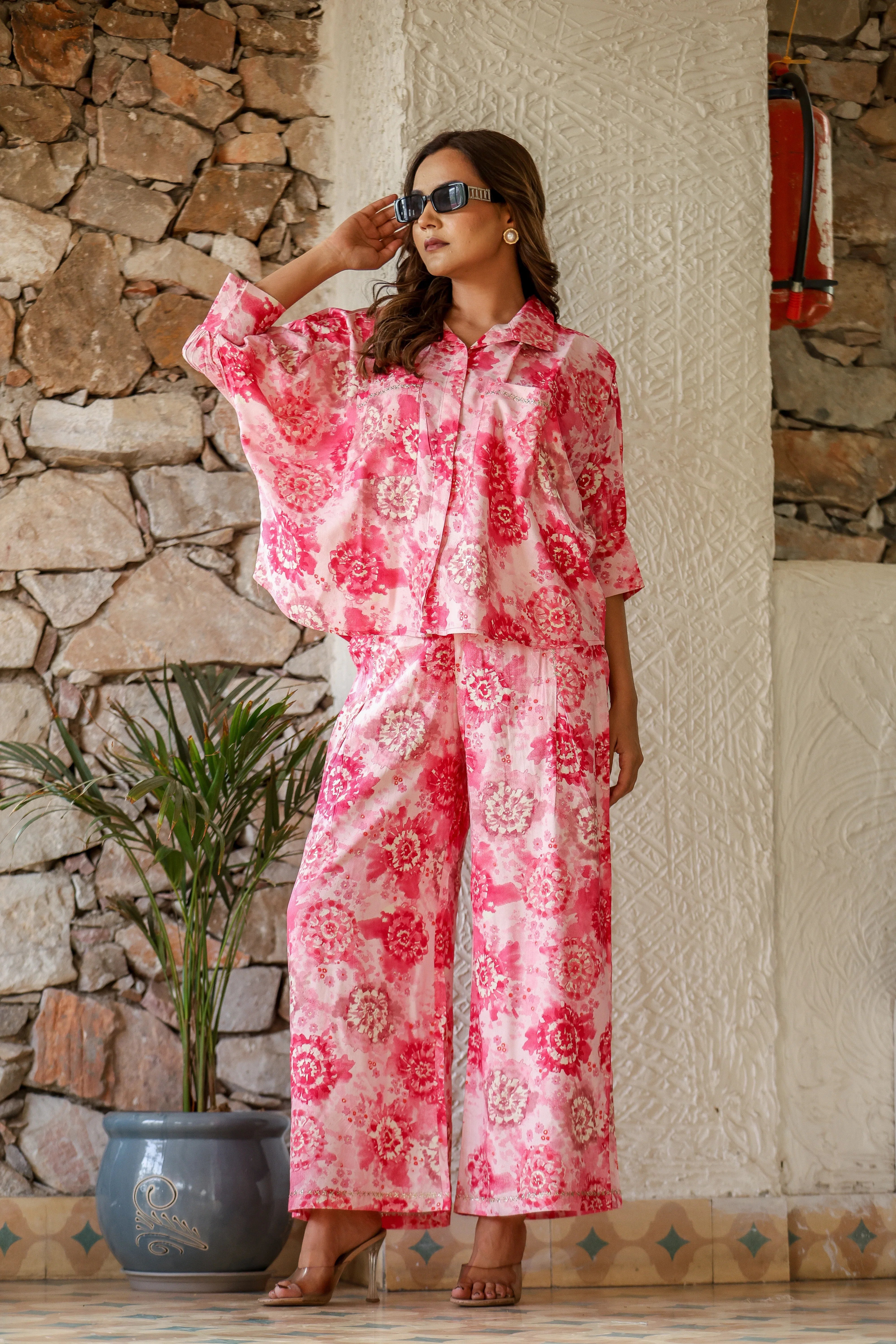 Bubble Pink Embroidered Pocket Coord Set in Rayon
