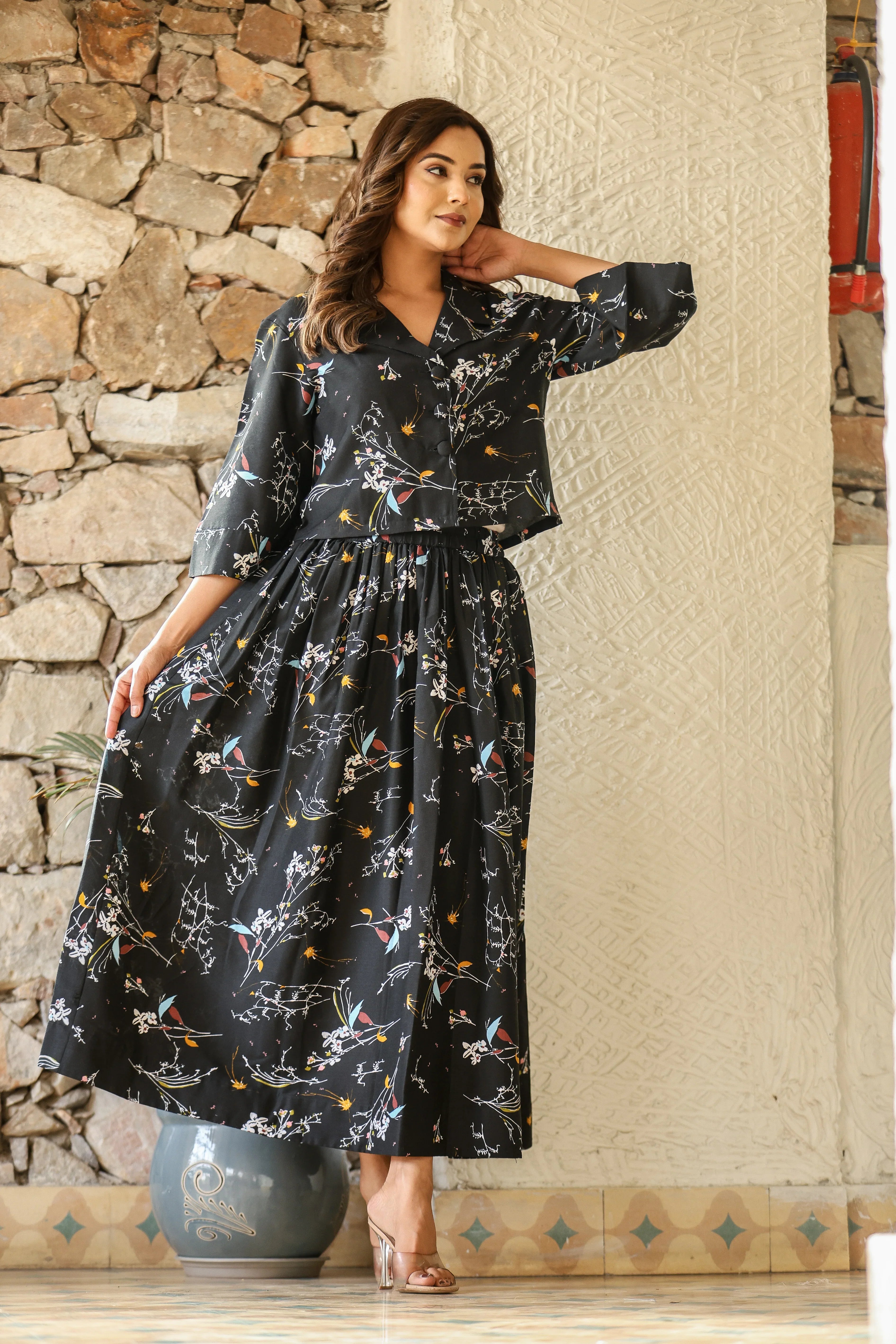 Black Multi-Color Printed Crop Top & Skirt Set in Natural Rayon