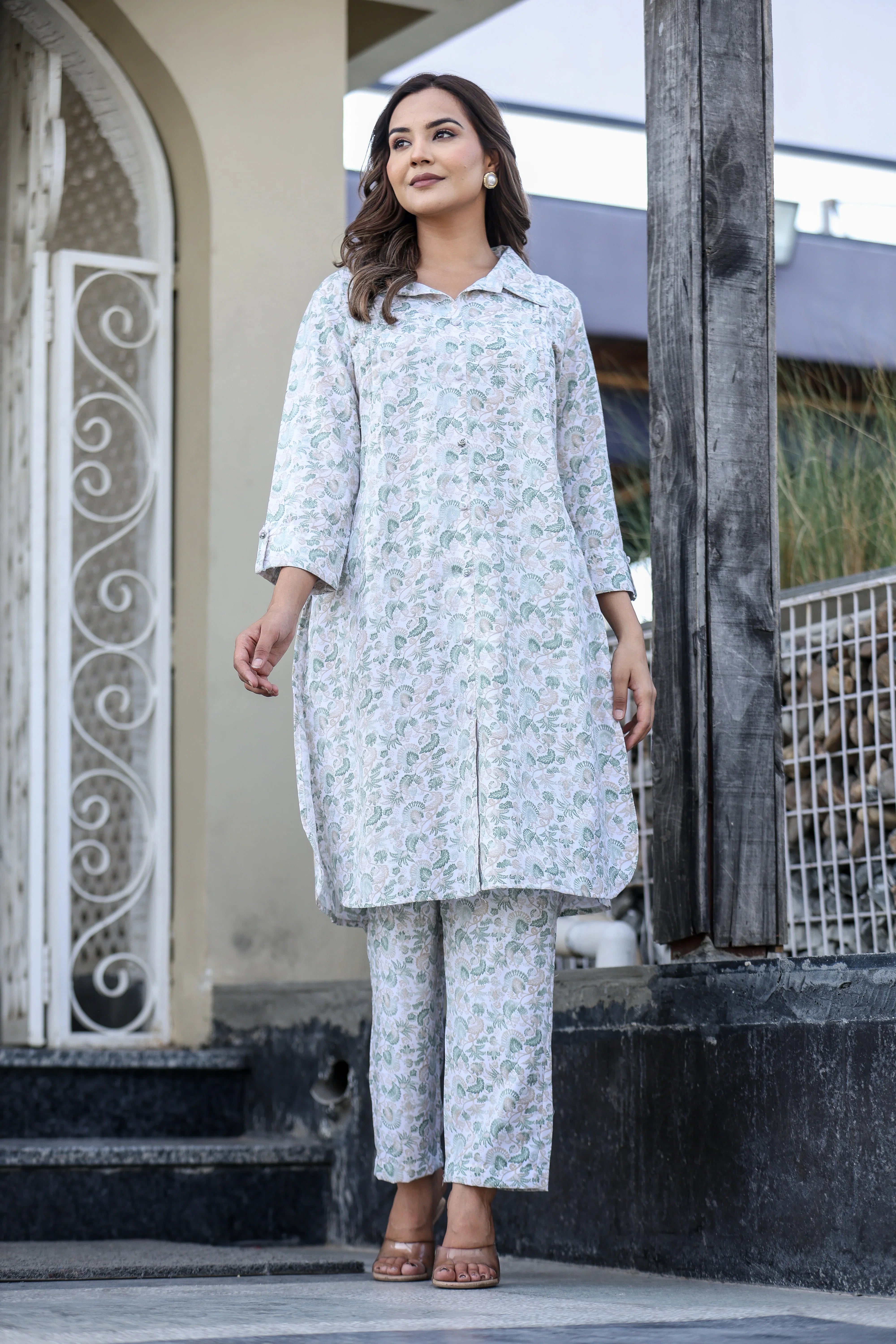 White & Blue Printed Shirt Collar Coord Set in Natural Rayon