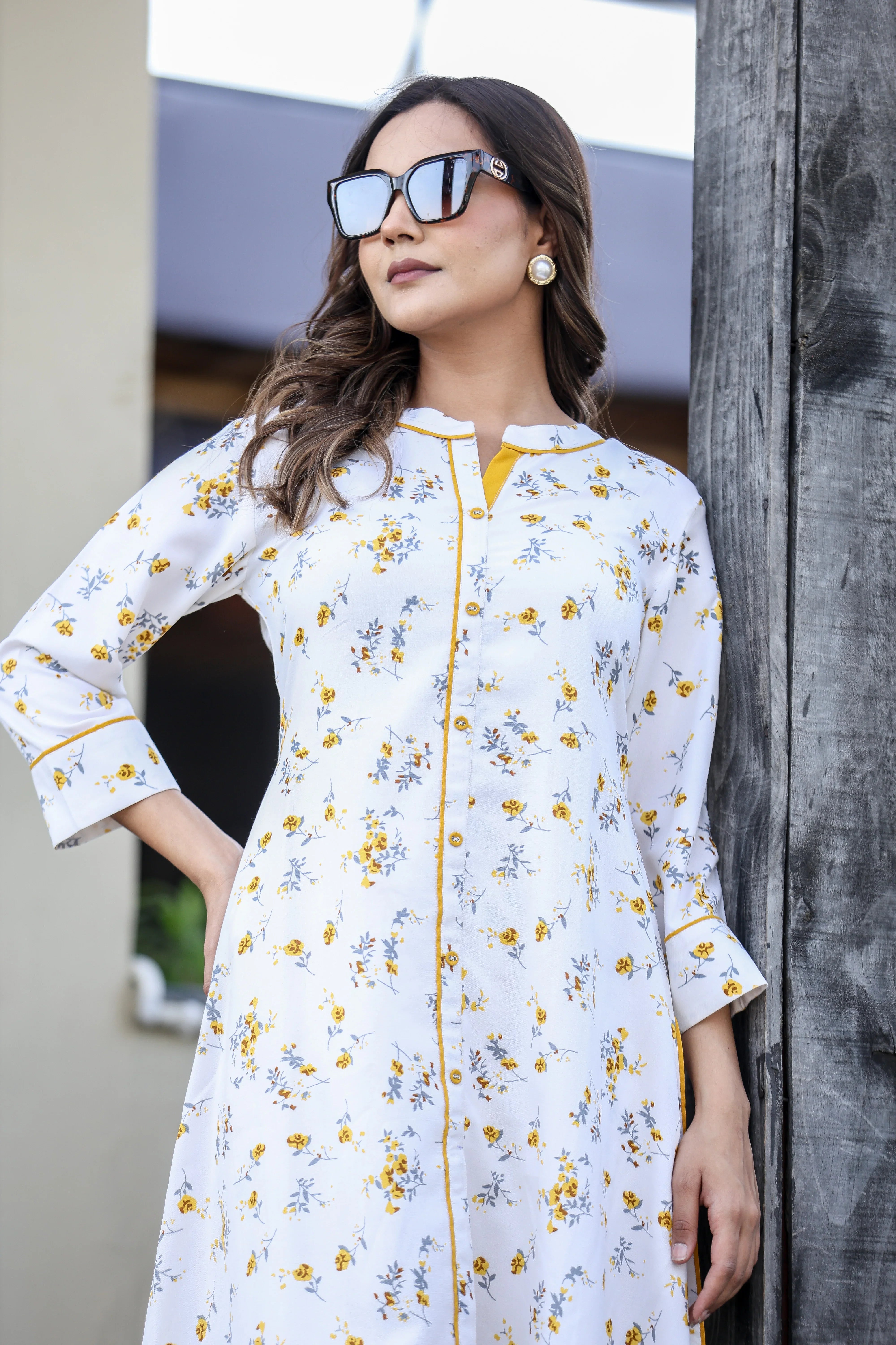 White & Yellow Printed Flat Collar Coord Set in Natural Rayon