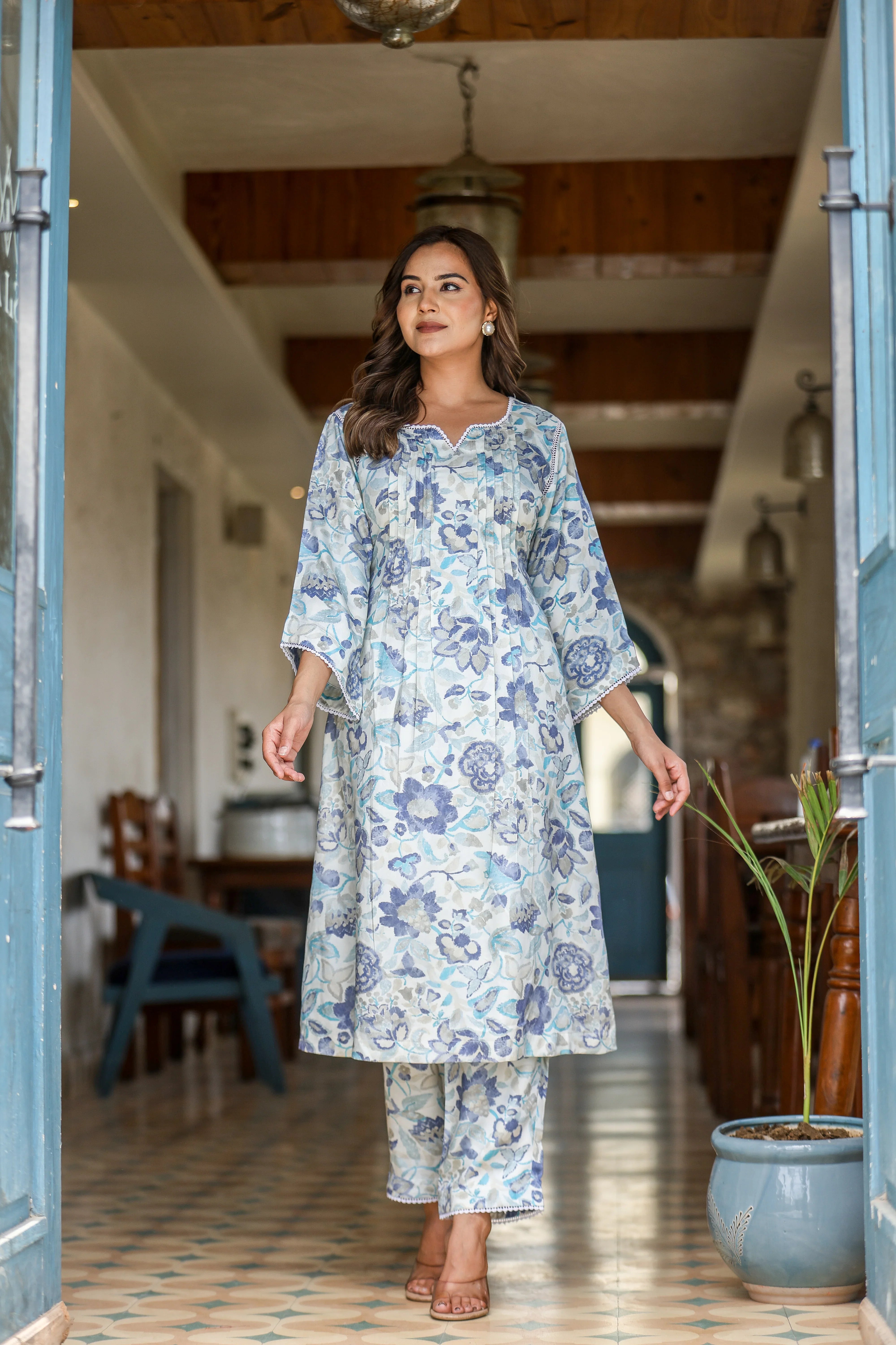 Digital Print Gazzi Silk Suit Set with Pintuck Detailing