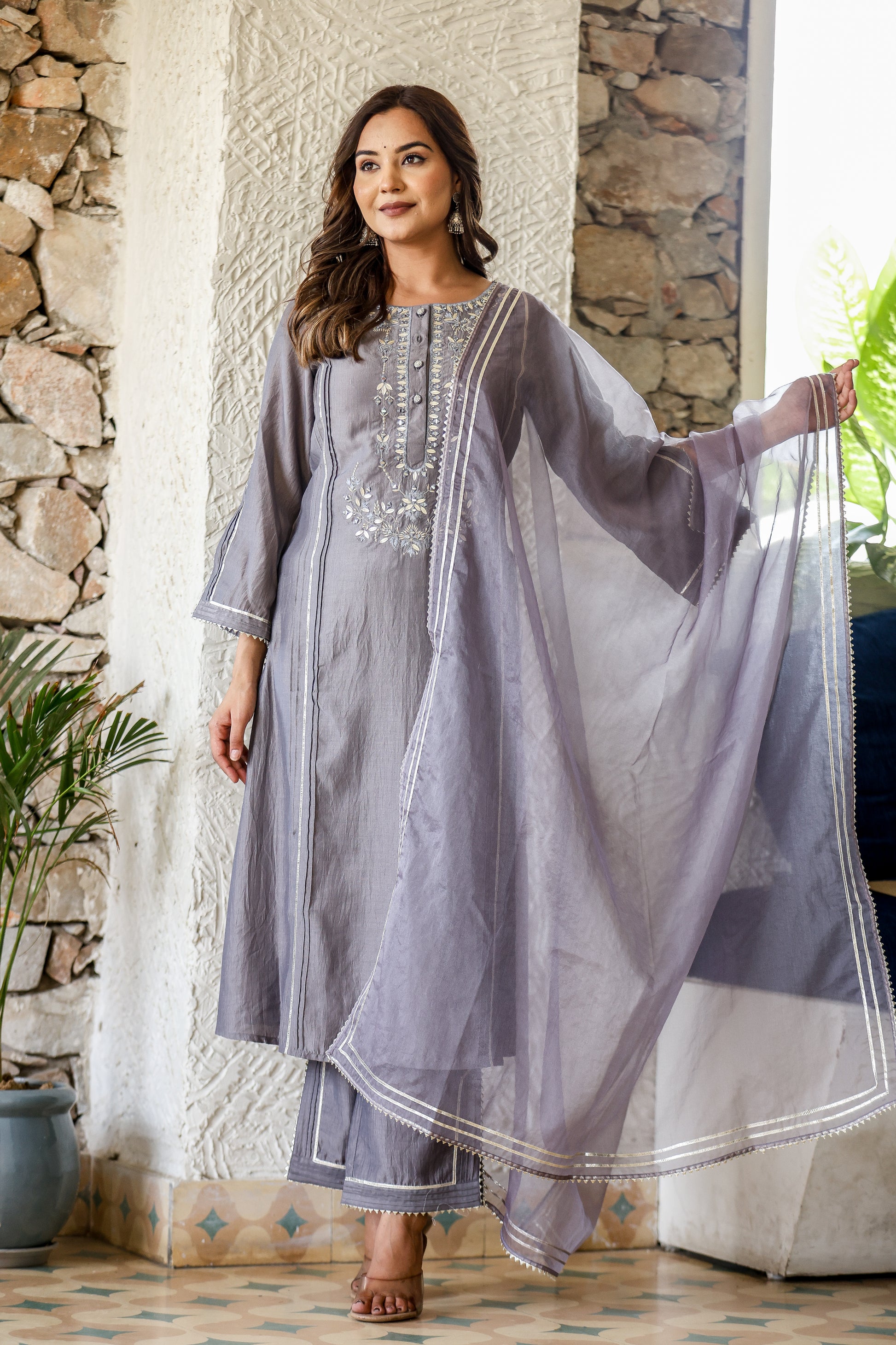 Digital Printed Pintuck Kurta Set in Gazzi Silk