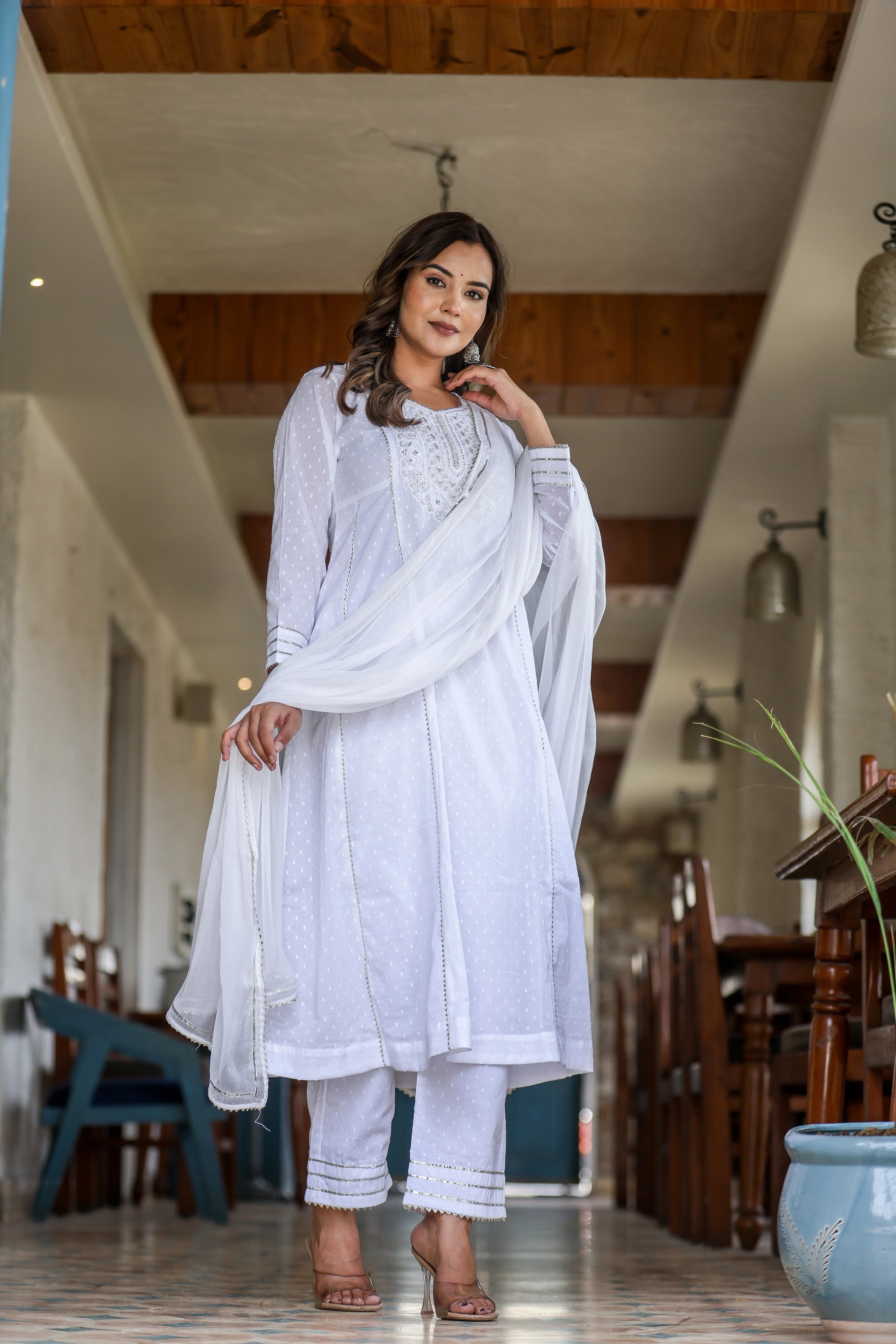 White Dobby Cotton Suit Set with Patch Embroidery