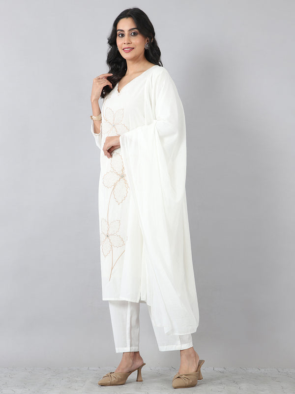 White Floral Embroidered Kurta Set