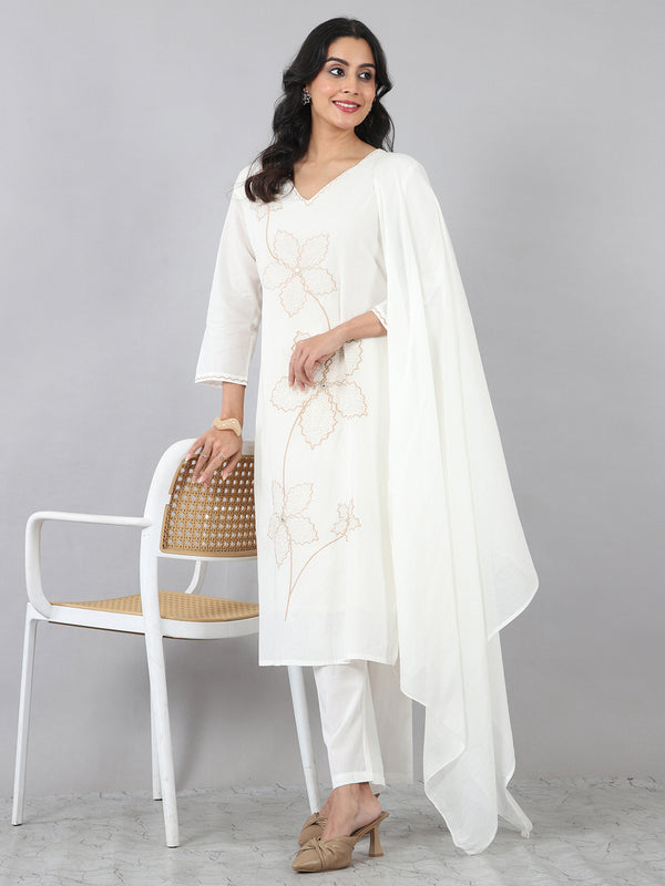 White Floral Embroidered Kurta Set