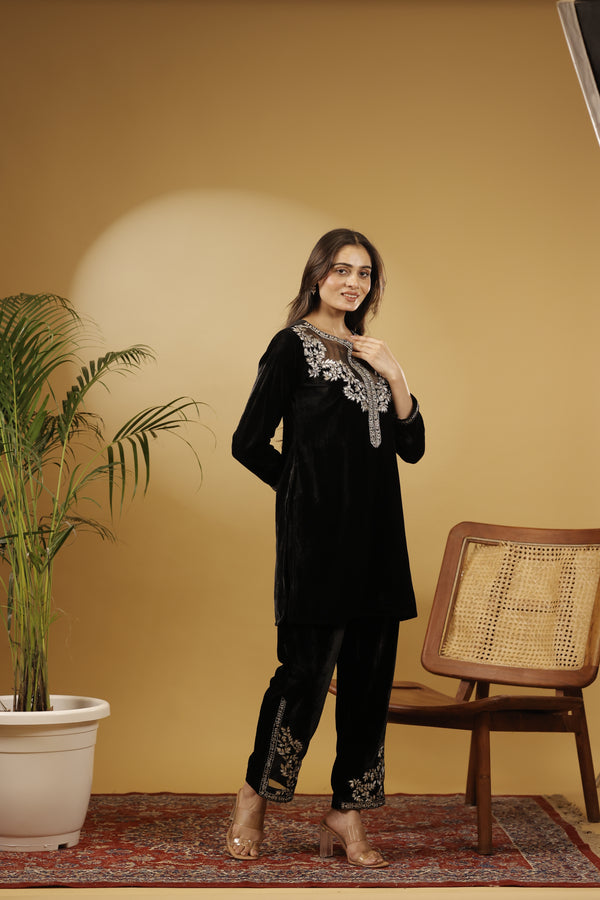 Slim Fit Black Micro Velvet Co-ord Set