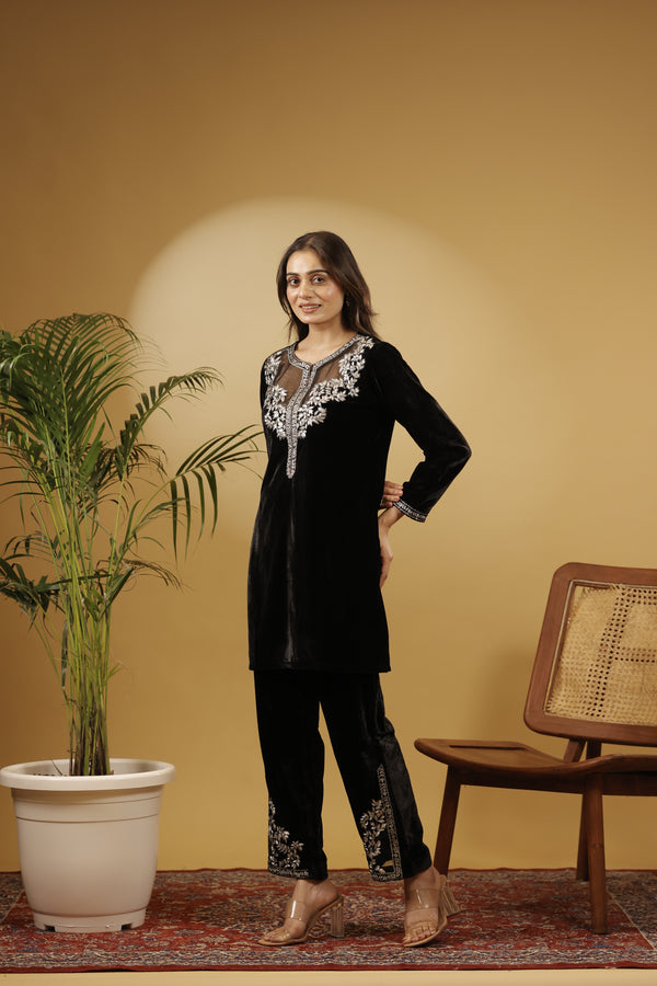 Slim Fit Black Micro Velvet Co-ord Set