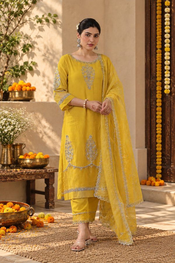 Chinon Silk Gota Patti Embroidered Kurta Set with Organza Dupatta