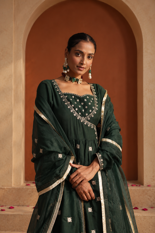 Roman Silk Embroidered Angrakha Suit Set with Dupatta