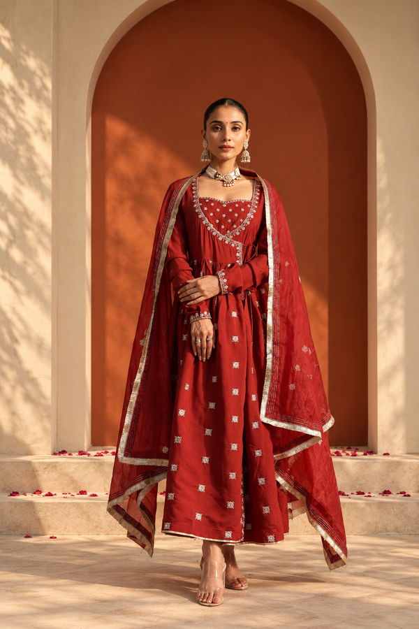 Embroidered Roman Silk Angrakha Set with Organza Dupatta
