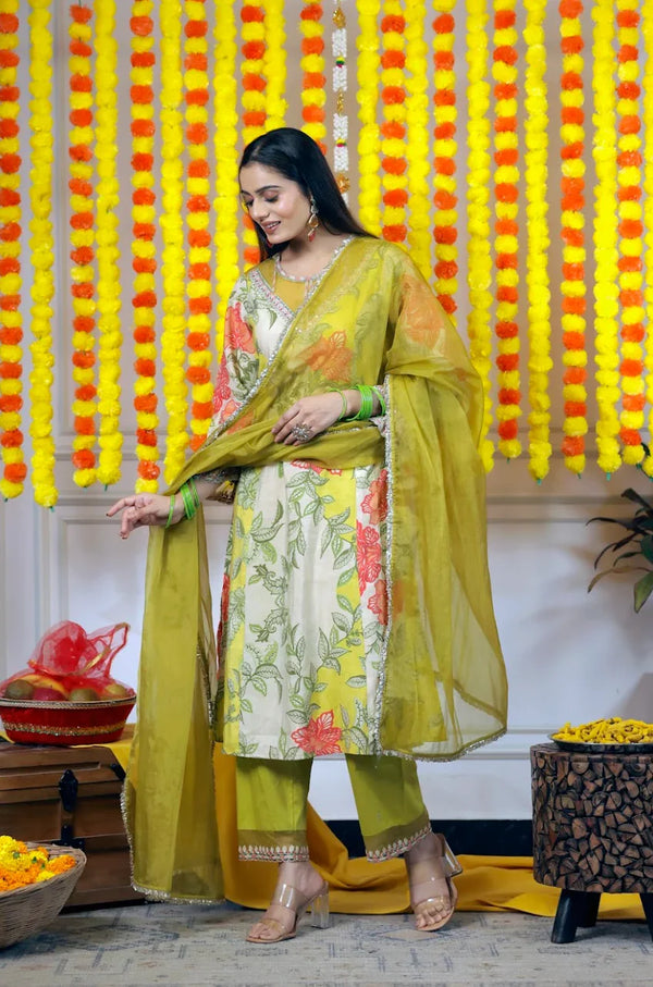 Viscose Muslin Straight Kurta & Pants 3-Piece Set with Organza Dupatta