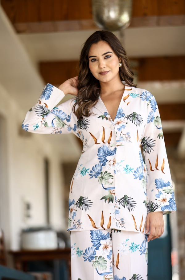 White Base Blue Print Coord Set