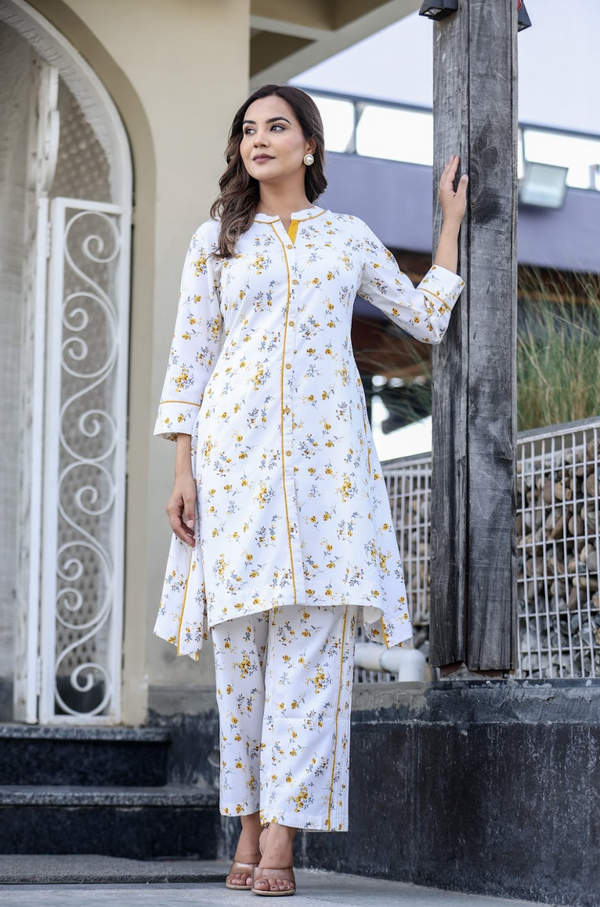 Yellow Printed Rayon 2-Piece Suit Set with Foil Accents