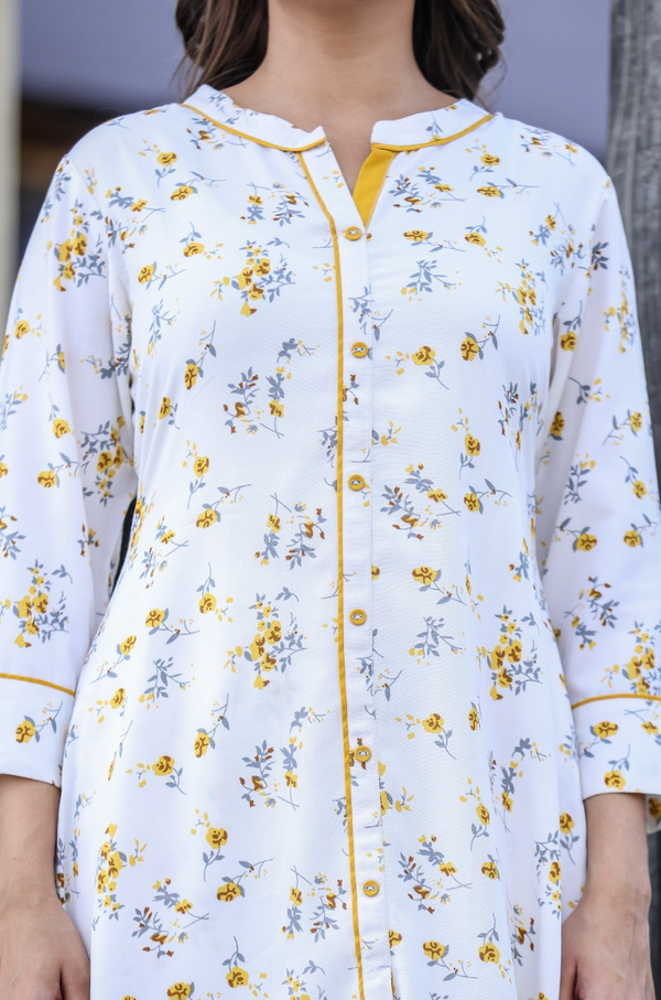 Yellow Printed Rayon 2-Piece Suit Set with Foil Accents