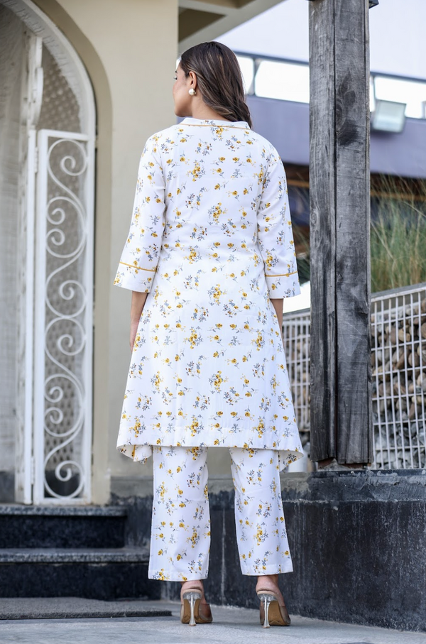 Yellow Printed Rayon 2-Piece Suit Set with Foil Accents