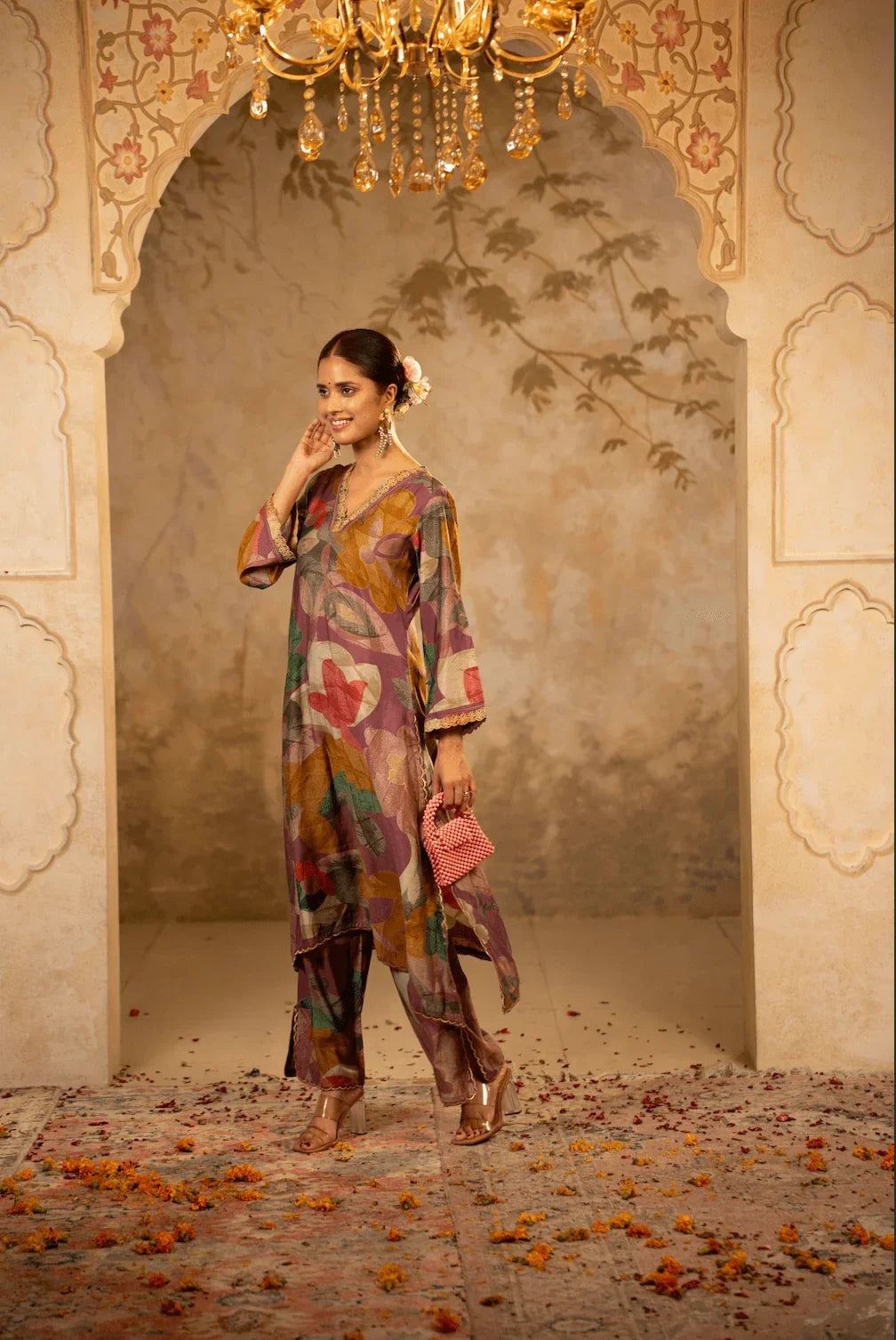 A-Line Kurta Set with Dupatta - Dark Mauve