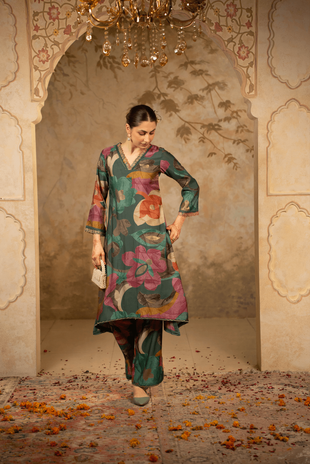 A-Line Kurta Set with Dupatta - Deep Teal Green