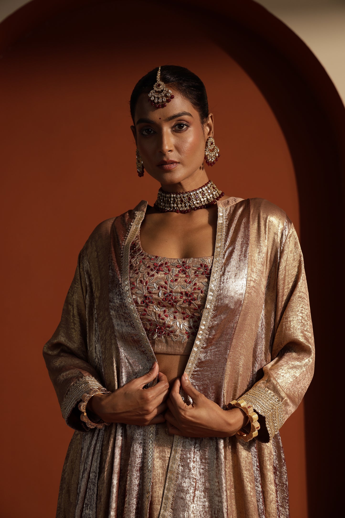 Beige Embroidered Choli with Skirt & Shrug