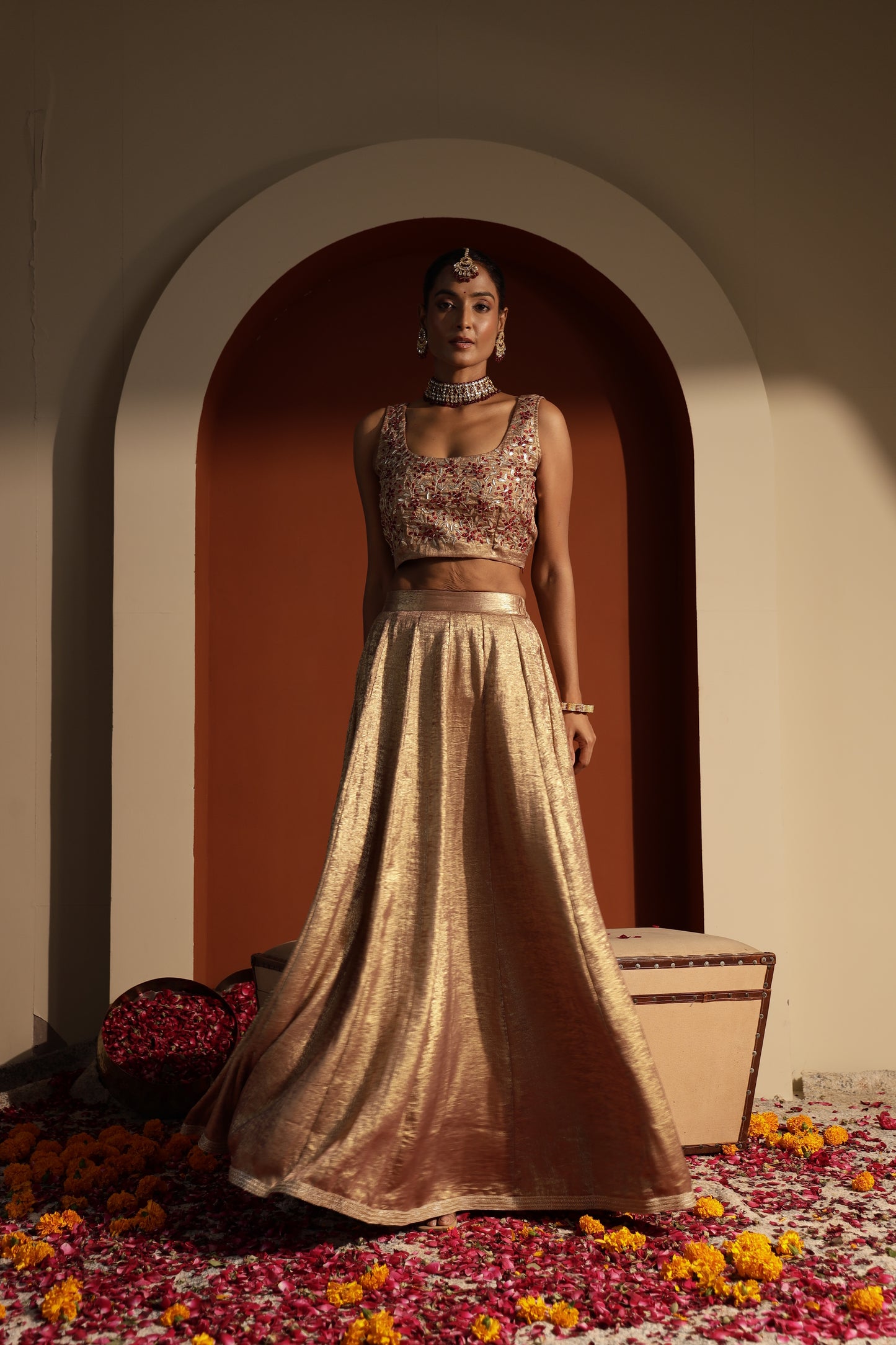 Beige Embroidered Choli with Skirt & Shrug