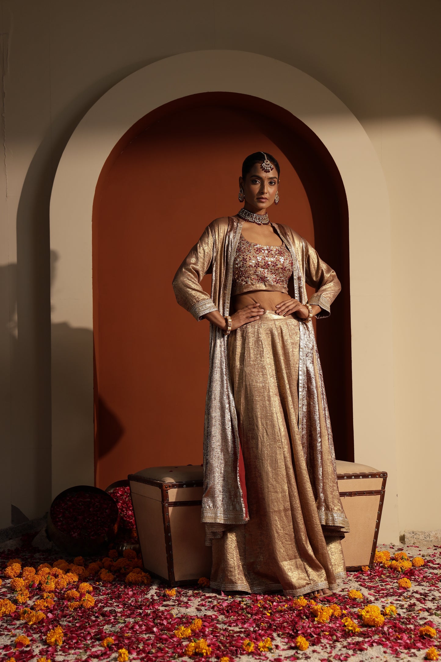 Beige Embroidered Choli with Skirt & Shrug