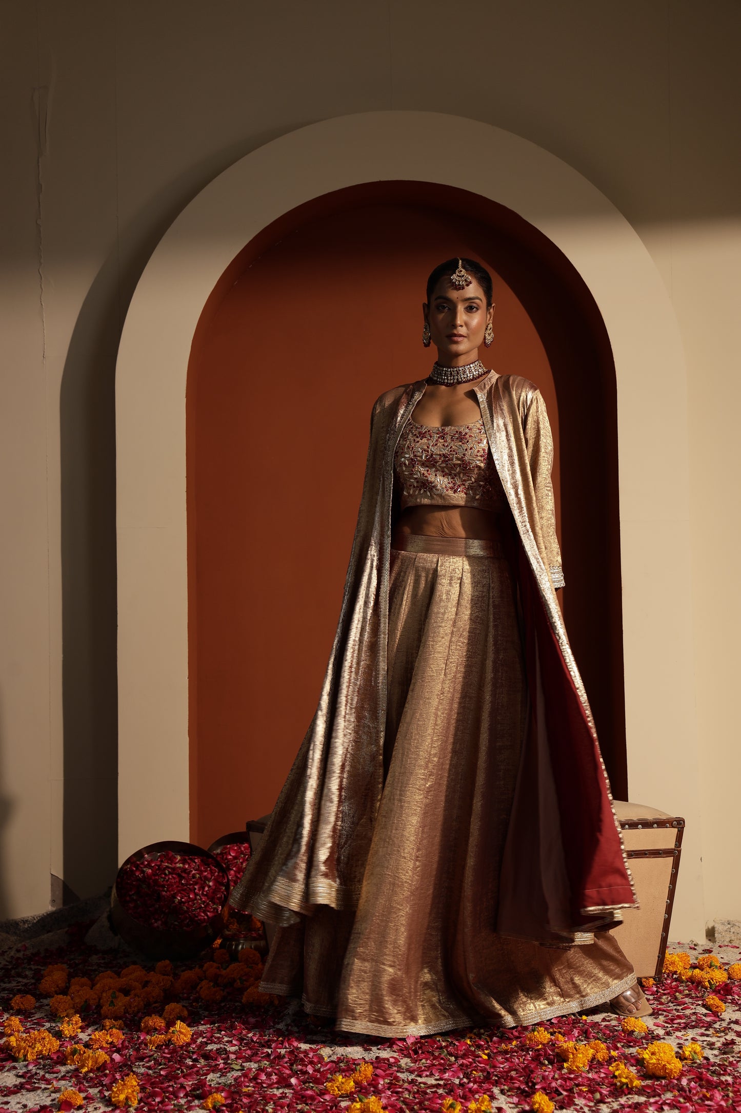 Beige Embroidered Choli with Skirt & Shrug