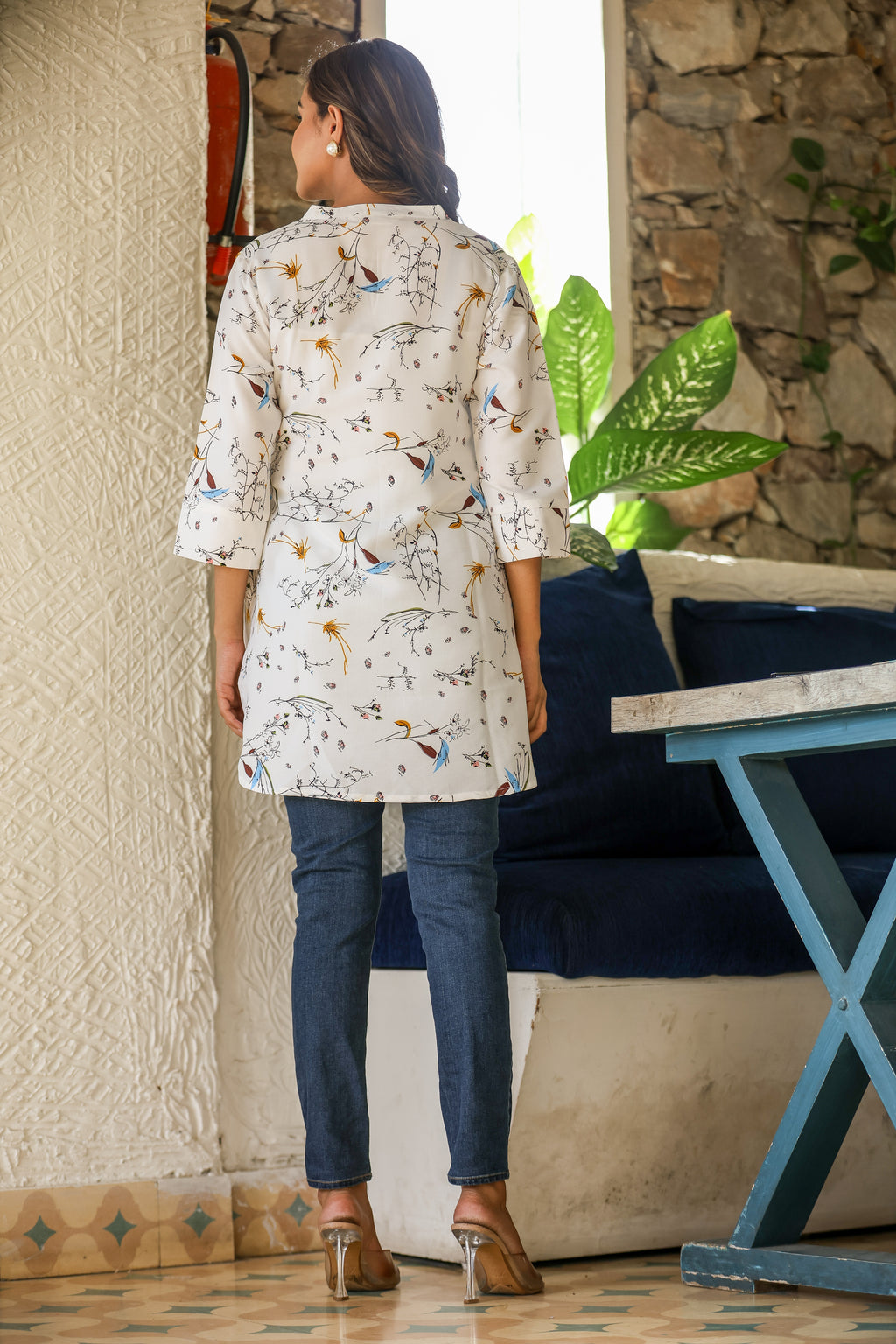 White Multi-Print Top in Natural Rayon