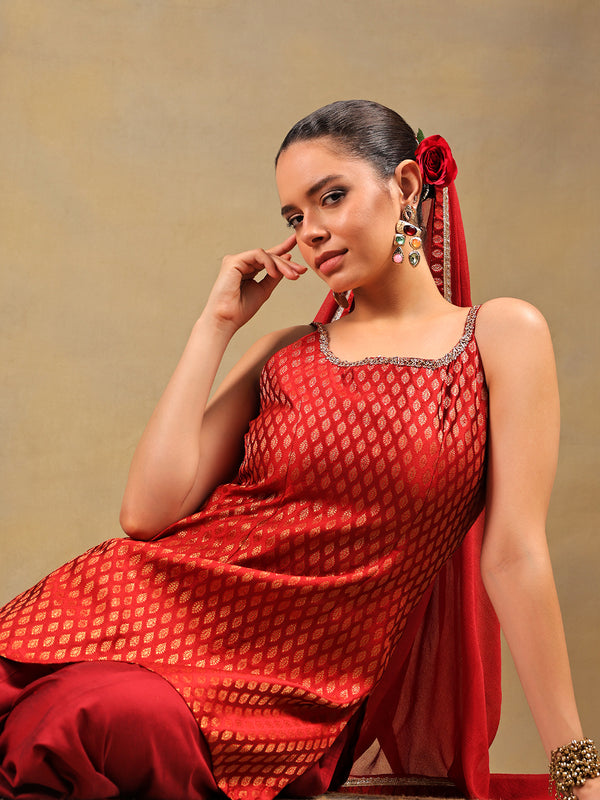 Maroon Brocade Short Kurti Set with Sharara Pants