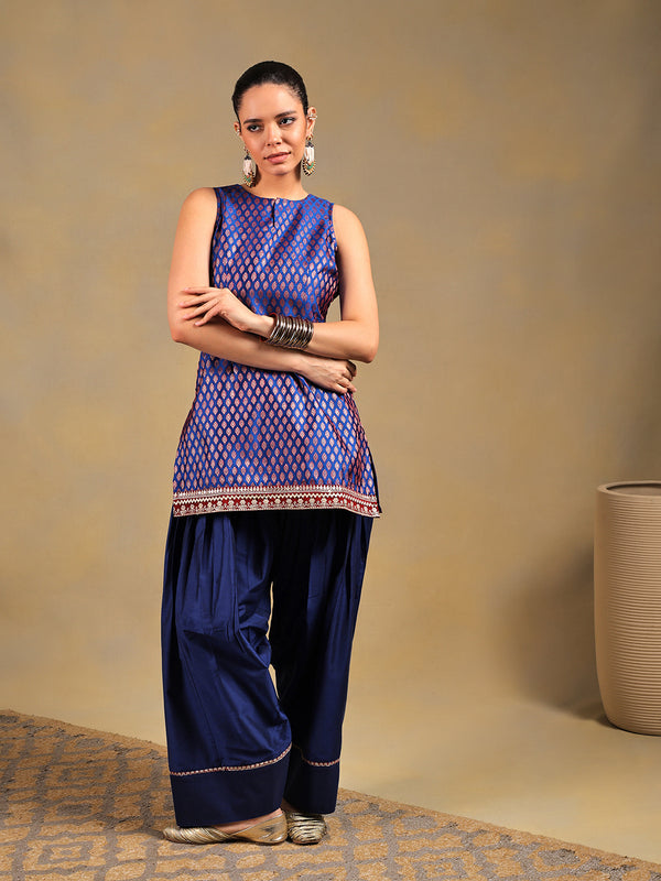 Royal Blue Brocade Suit Set with Gold Detailing