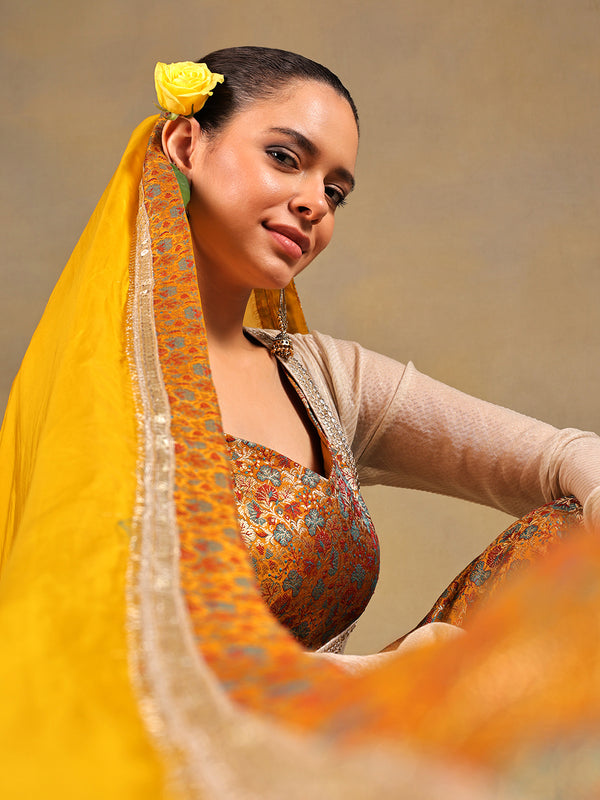 Mustard & Off-White Brocade Suit Set with Lace Jacket