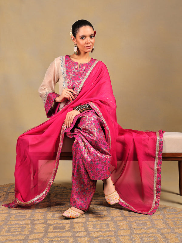 Off White & Rani Pink Embroidered Suit Set