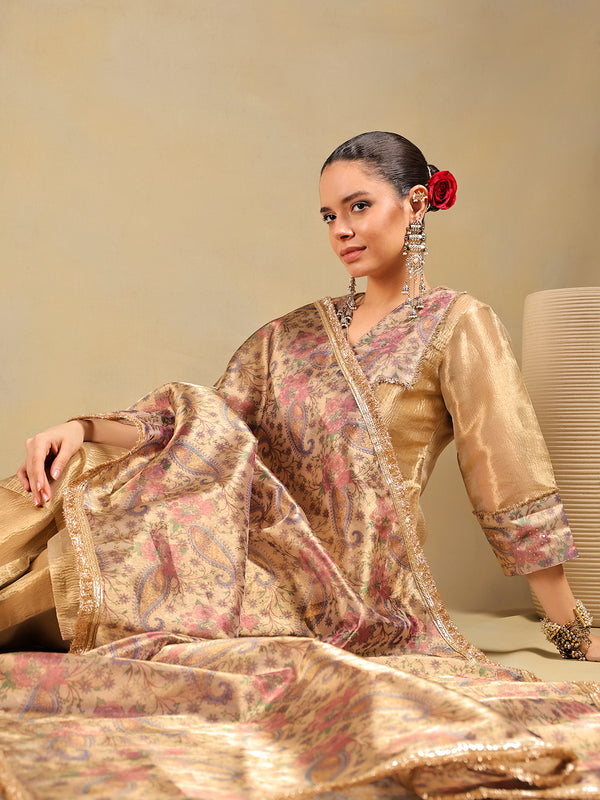 Golden Tissue-Silk Suit Set with Paisley Detailing