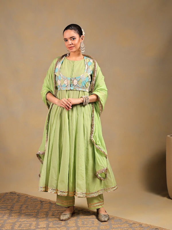 Pista Green Anarkali Set with Embroidered Jacket