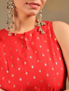 Bright Red Brocade Kurti Set with Pleated Salwar