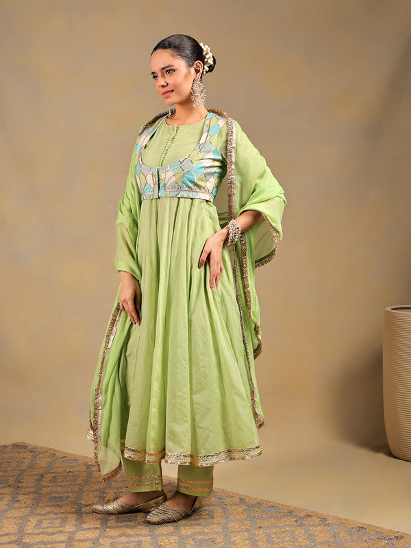 Pista Green Anarkali Set with Embroidered Jacket