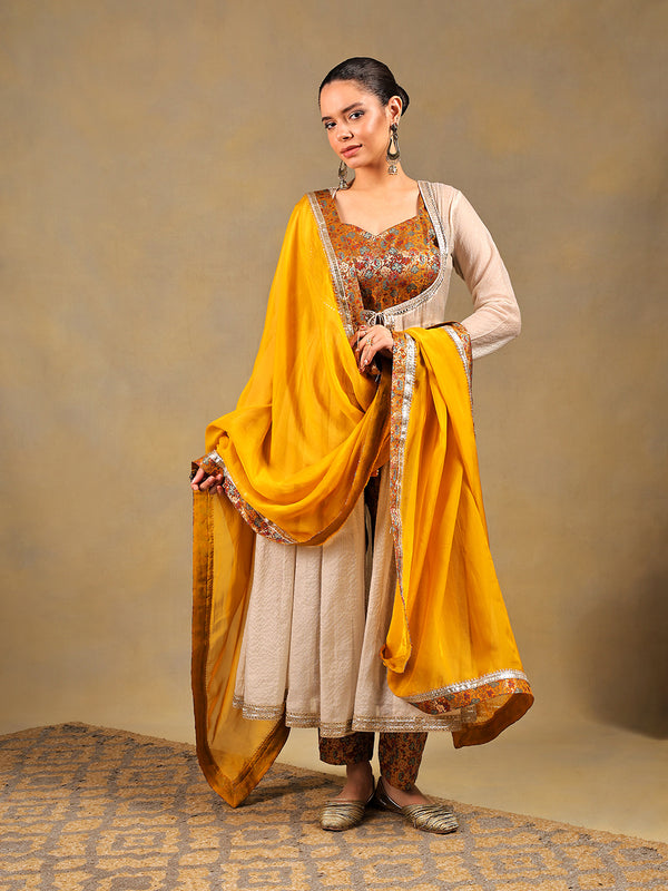 Mustard & Off-White Brocade Suit Set with Lace Jacket