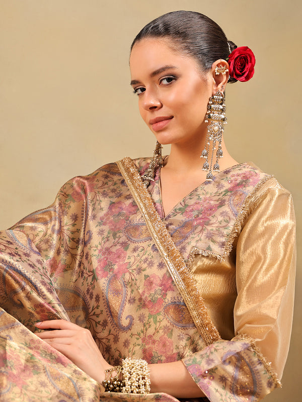 Golden Tissue-Silk Suit Set with Paisley Detailing