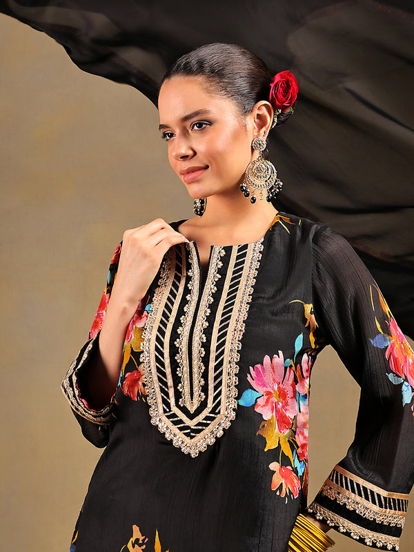 Black Chinnon Suit Set with Gold Embellished Drape