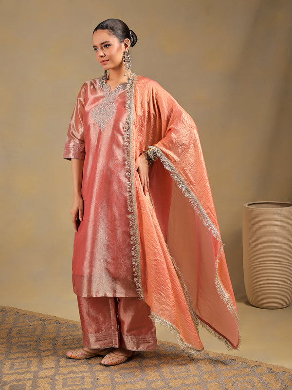 Blush Pink Tissue-Silk Suit Set with Zardozi Embroidery