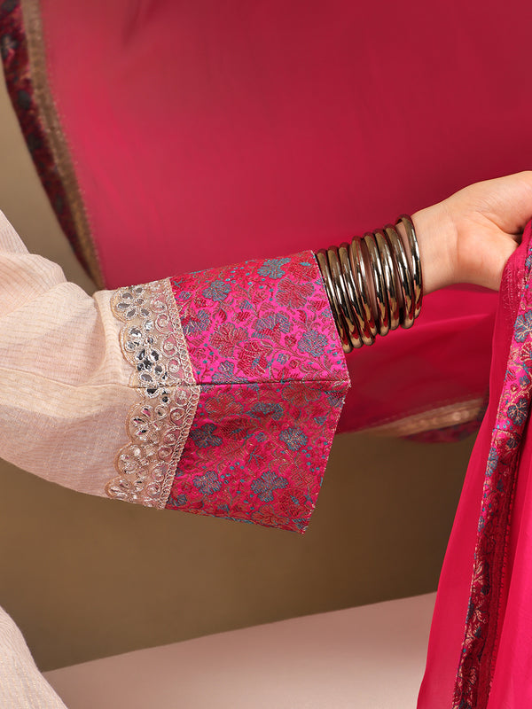 Off White & Rani Pink Embroidered Suit Set