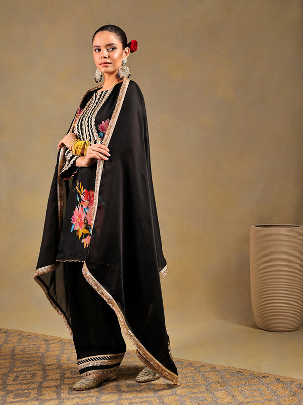 Black Chinnon Suit Set with Gold Embellished Drape