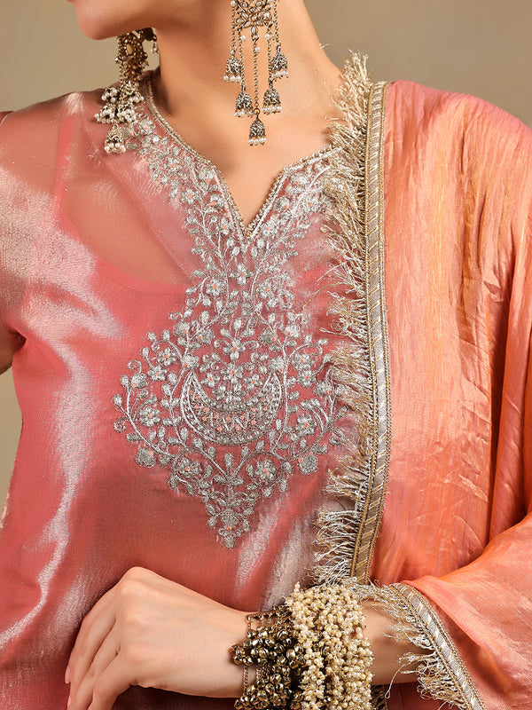 Blush Pink Tissue-Silk Suit Set with Zardozi Embroidery